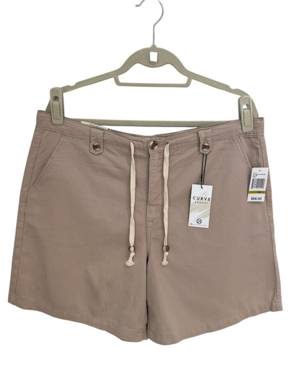 NWT Curve Appeal Womens Beige Drawstring Shorts Size 14 Khaki Chino Hummus MSRP